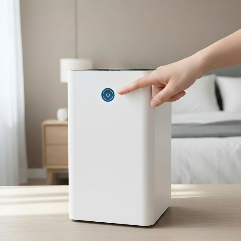Marivo Haus DRYSENSE dehumidifier for damp and mould control in UK home bedroom